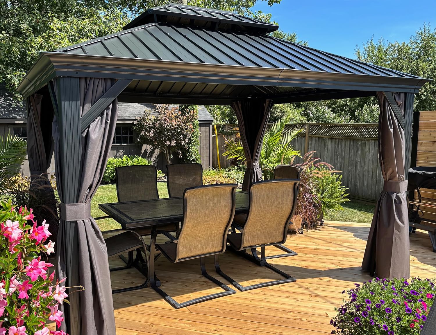etezen - tonnelle jardin série toit rigide - 3,65x3m - acier galvanisé, gouttière, rideaux épais