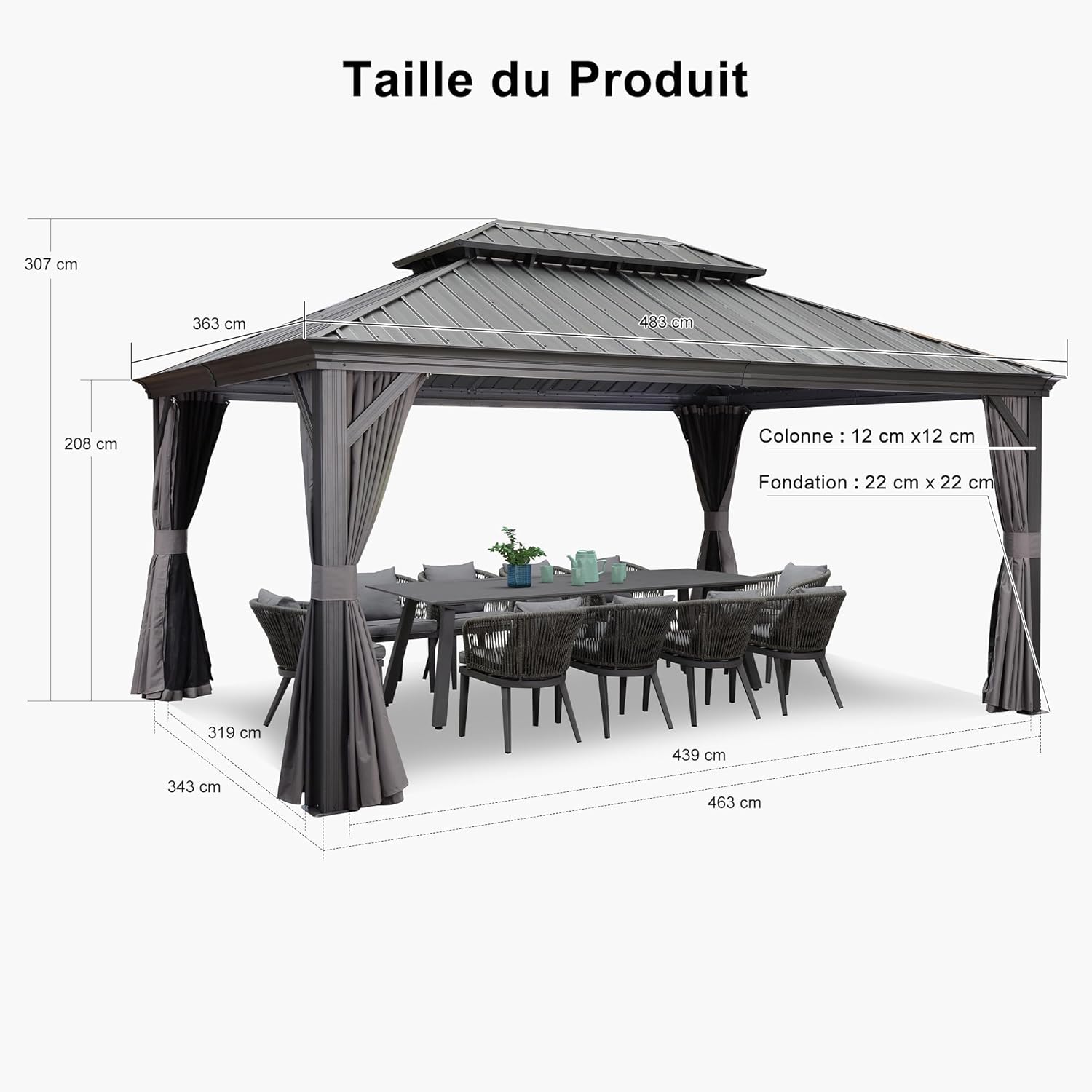 etezen - Tonnelle série toit double - 4,85×3,65m - acier galvanisé, rideaux épais, gouttière