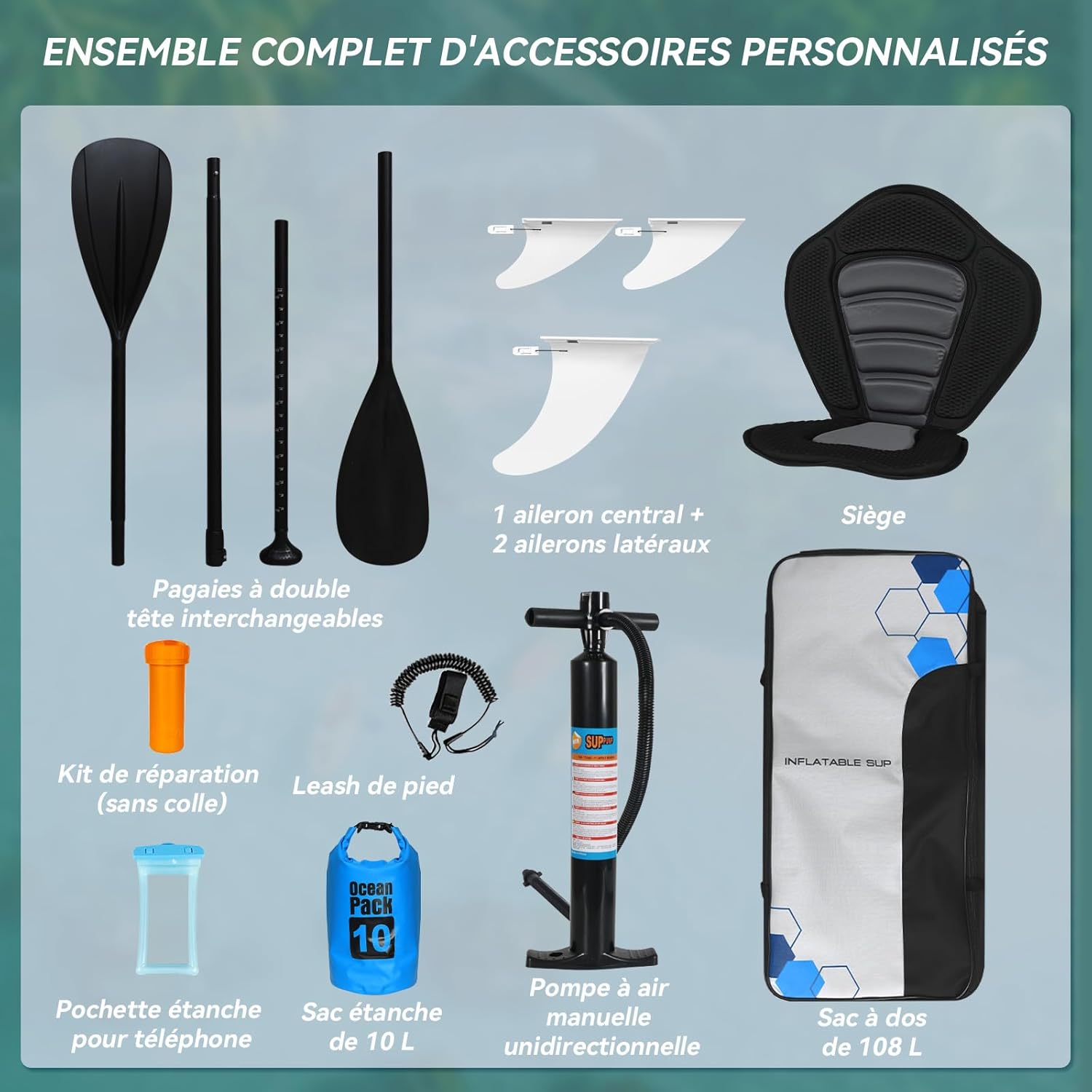 etezen - paddle gonflable adulte - 320/335cm - 2 places, siège kayak, pagaie alu, support caméra, pompe, 150 kg