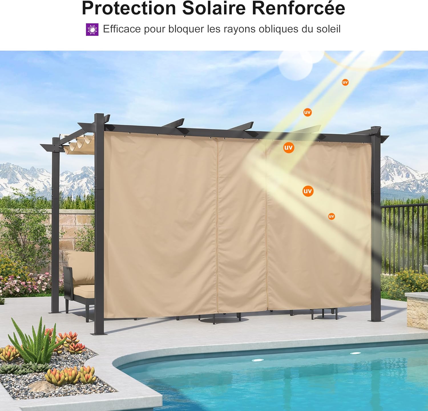 etezen - pergola aluminium - 4x3m - rideau, toit rétractable, kaki