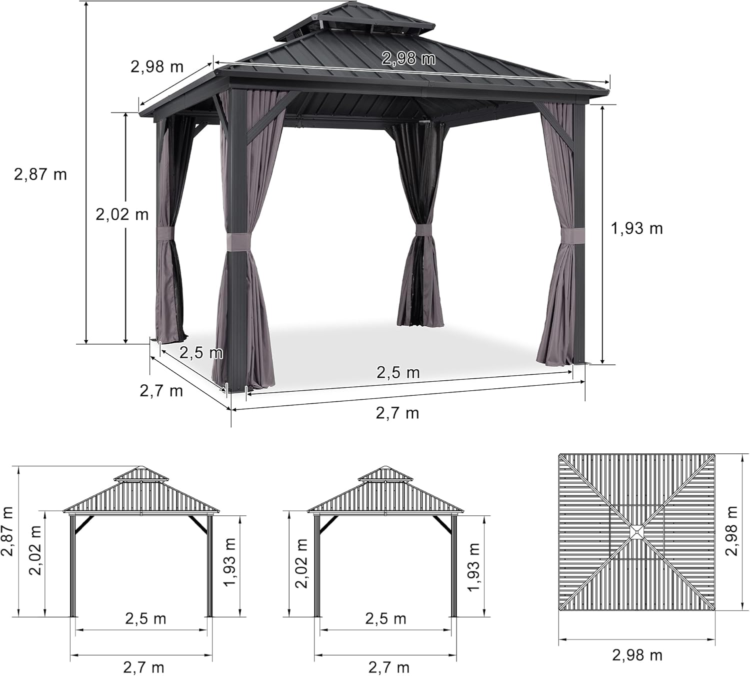 etezen - tonnelle extérieur double toit 3x3m, alu et acier, rideaux, guirlande lumineuse