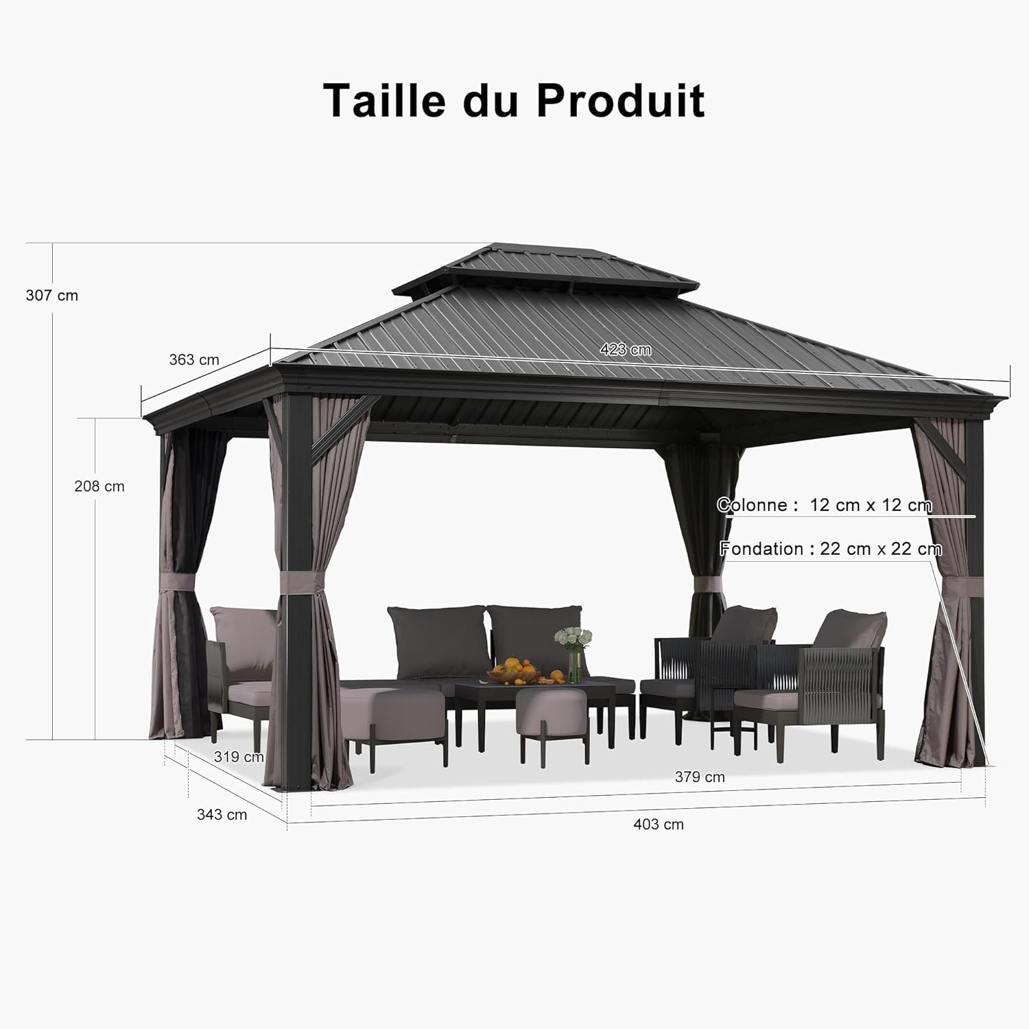 etezen - tonnelle aluminium - 4,25x3,65m - éclairage intégré, rideaux moustiquaires, gouttière, poteaux renforcés