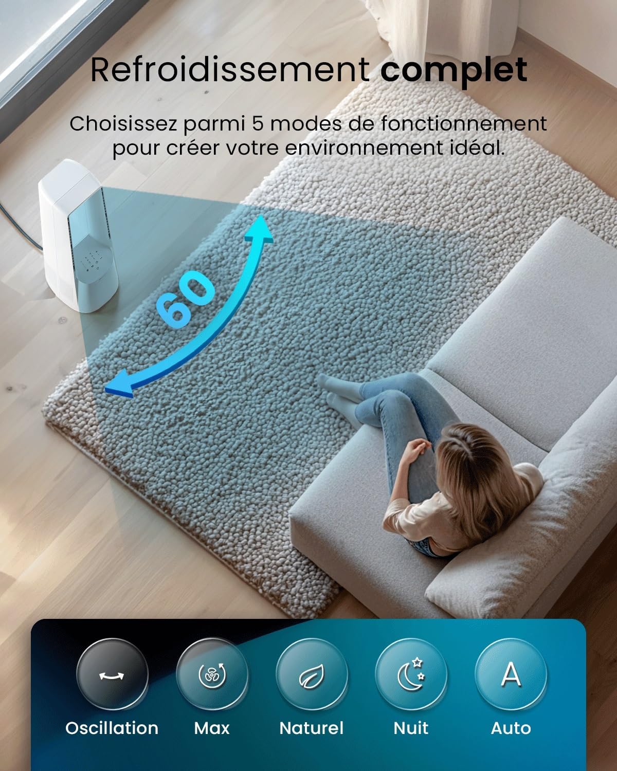 etezen - Ventilateur Tour WiFi Intelligent 101cm - Silencieux, LED, télécommande, 6 vitesses, oscillation