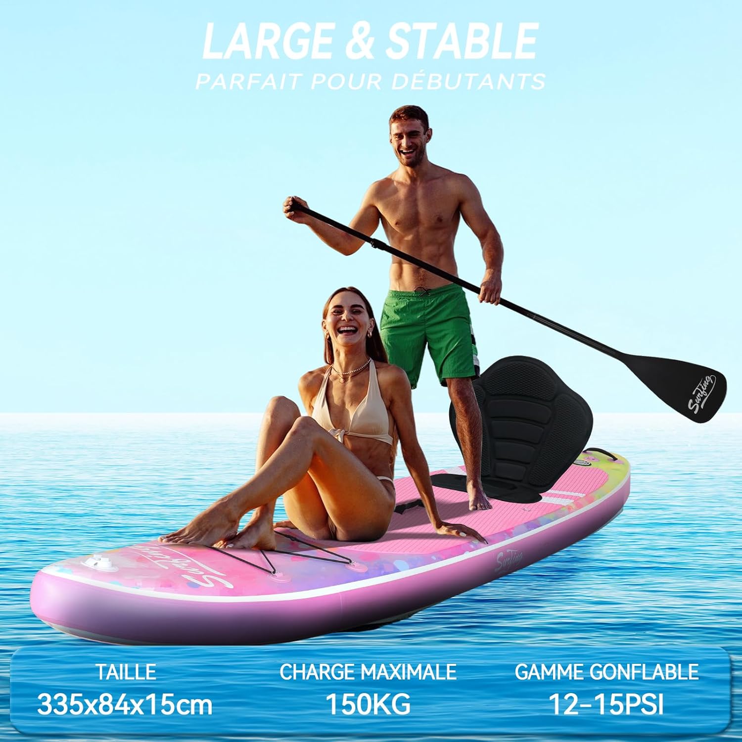 etezen - Paddle gonflable 320/335cm - 2 pers, siège kayak, 150kg