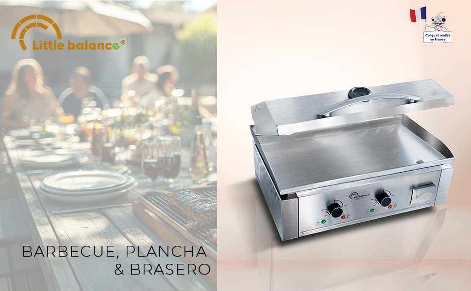 Le texte indique « etezen » et « BARBECUE, PLANCHA & etezen ». Cuisinière commerciale en acier inoxydable avec deux brûleurs sur fond de table.