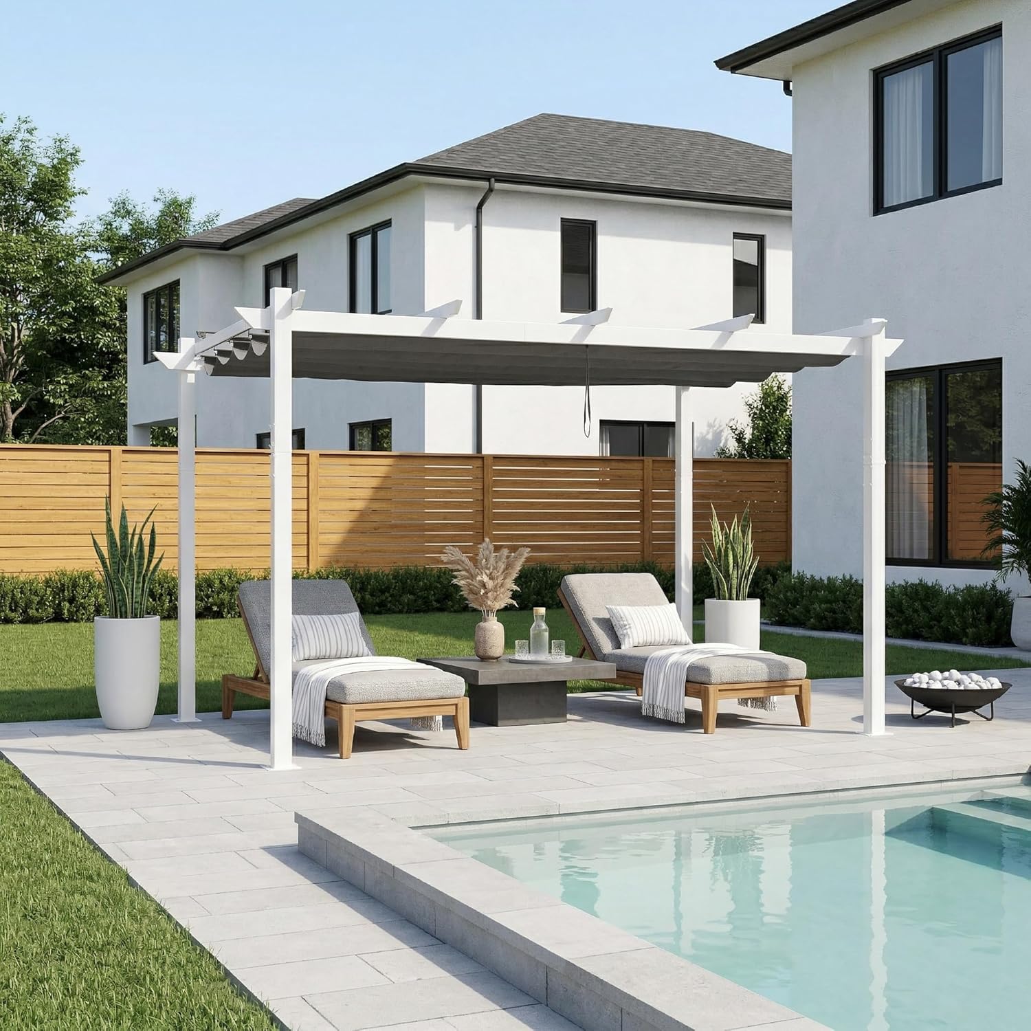 etezen - pergola aluminium - 4x3m - éclairage intégré, toit protégé, blanc/gris