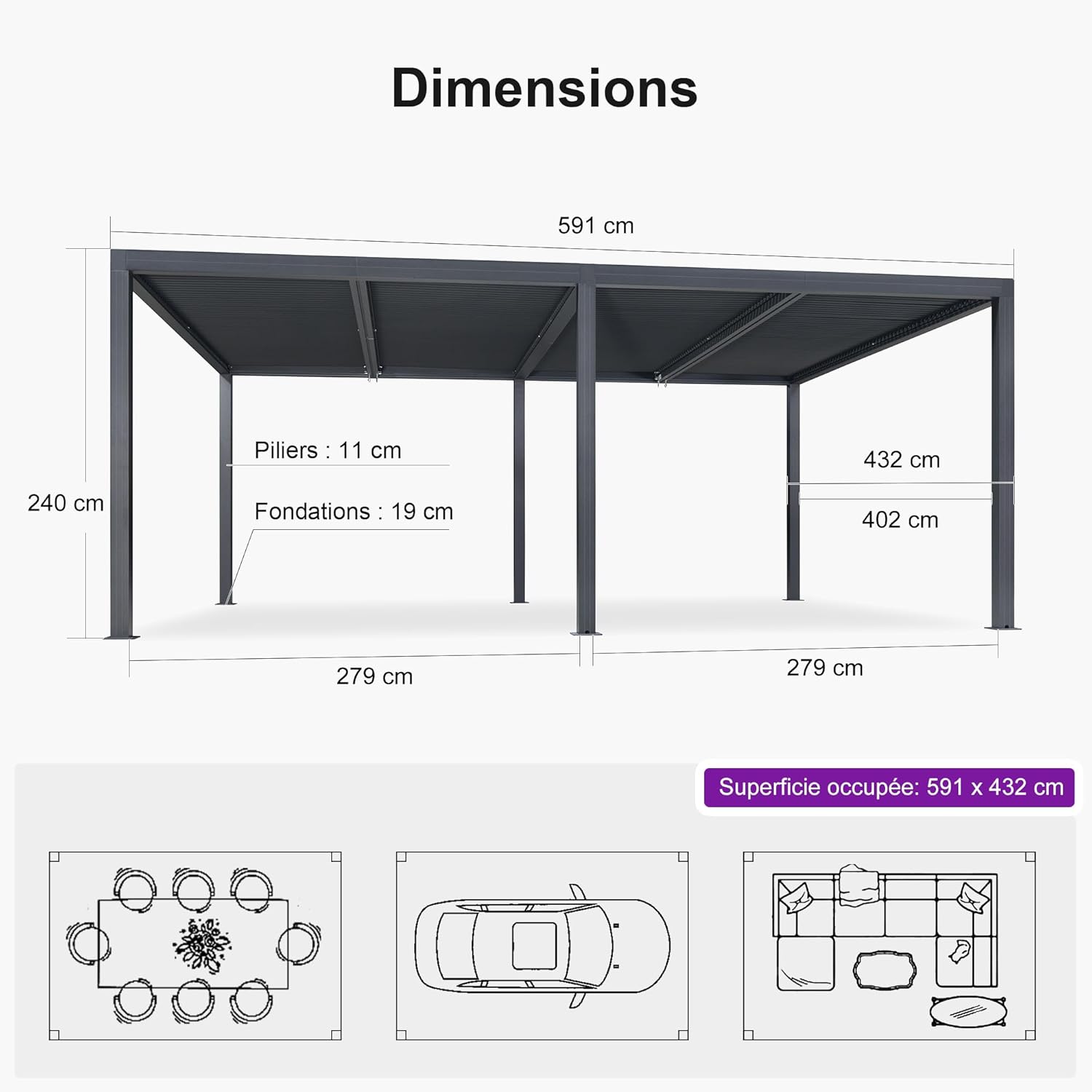 etezen - pergola bioclimatique - 6x4,24m aluminium, lames indépendantes