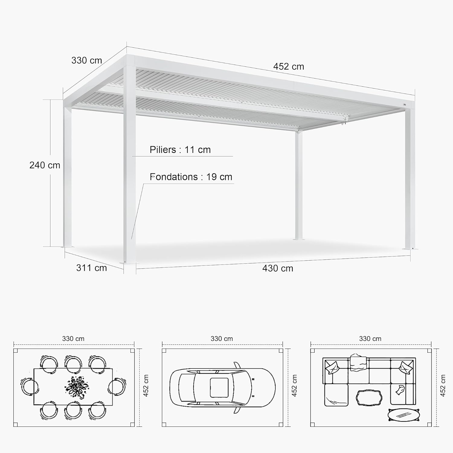 etezen - Pergola bioclimatique aluminium 4,6x3,3m, lames orientables, blanc