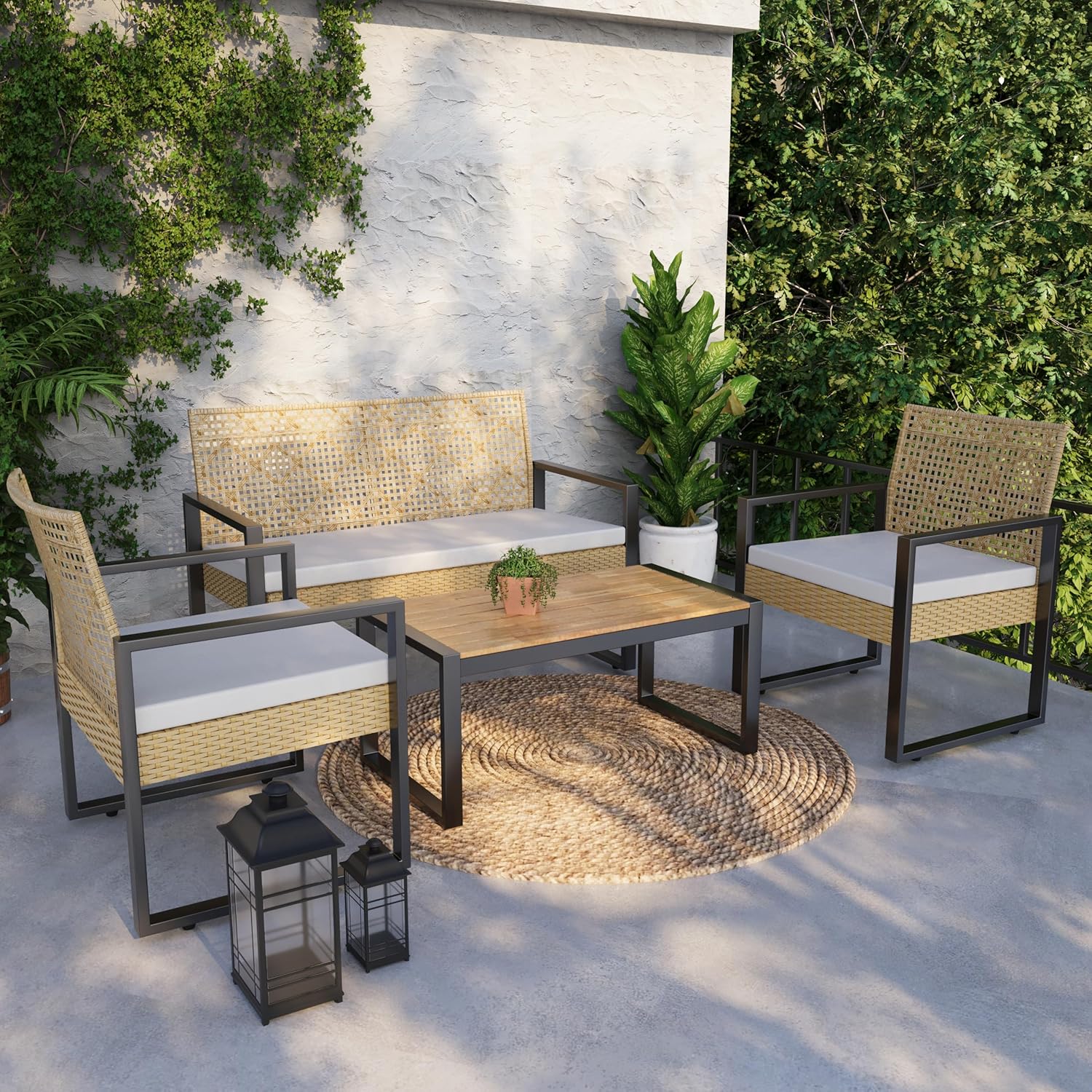 etezen - Salon de jardin 4 pièces, acier/acacia, 2 chaises + banc, beige/naturel