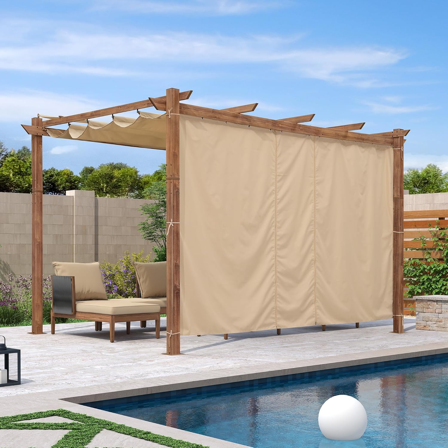 etezen - Pergola alu finition teck 4x3m - toile rétractable, rideau, kaki