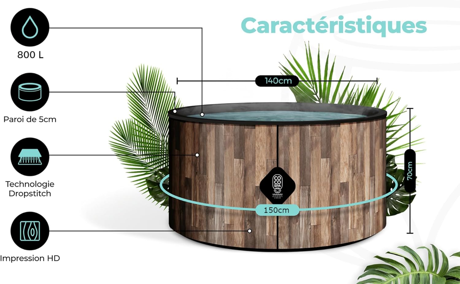 etezen Nordik Spa Gonflable - 150 cm de diamètre - 800 litres - Moteur 2240 W - 2 à 4 Personnes - Massage 140 Jets