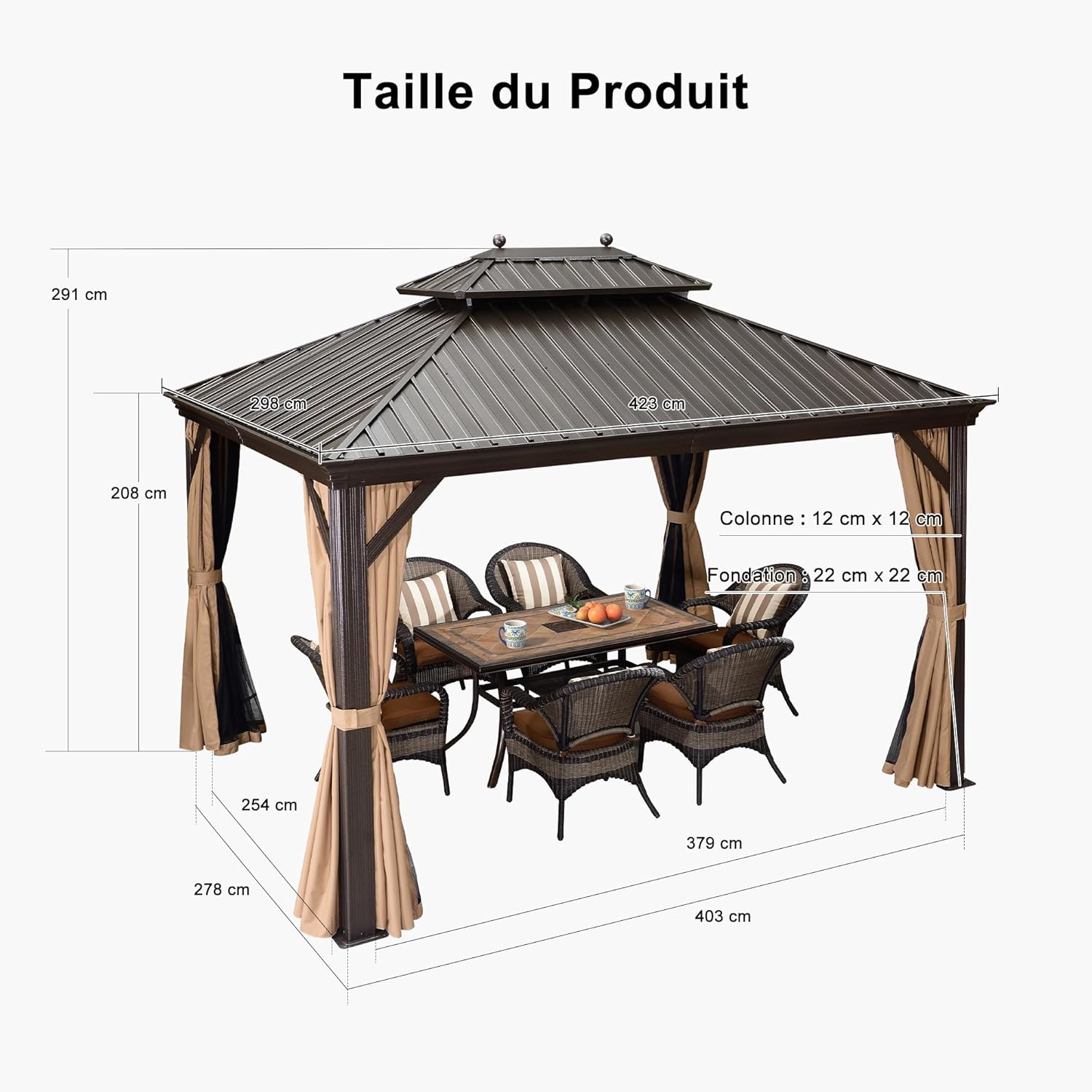 etezen - pergola extérieure 4,25x3m - alu, LED, rideaux, gouttière