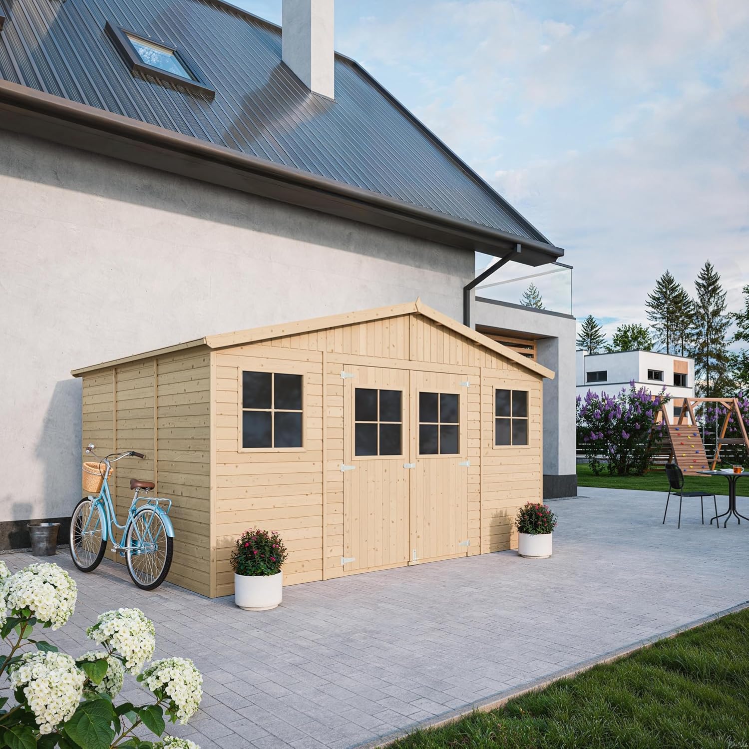 Abri de Jardin en Bois Exterieur avec Plancher IMPRÉGNÉ- Chalet en Pin/épicéa-H246x418x320 cm/12 m²- Construction de Panneaux - Rangement pour vélos, Remise à Outils- etezen M331+M331G