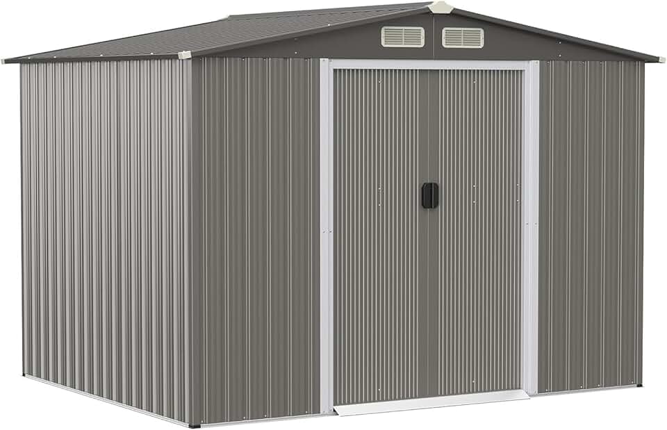 etezen 4,74㎡ Abri de Jardin en Métal Galvanisé avec Base, Cabine de Jardin Extérieur Porte Coulissante, Résistant aux Intempéries, Cabane de Rangement à Outils 8,59m³, 260 x 207x181cm, Toit Gris Foncé