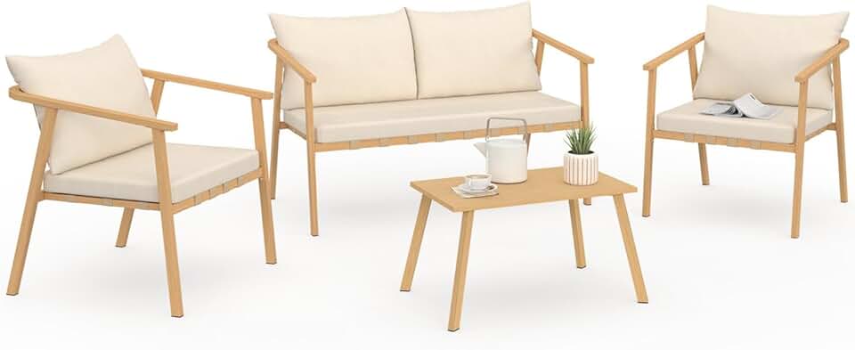 etezen - Malta salon bas 4 places métal bois coussins beiges