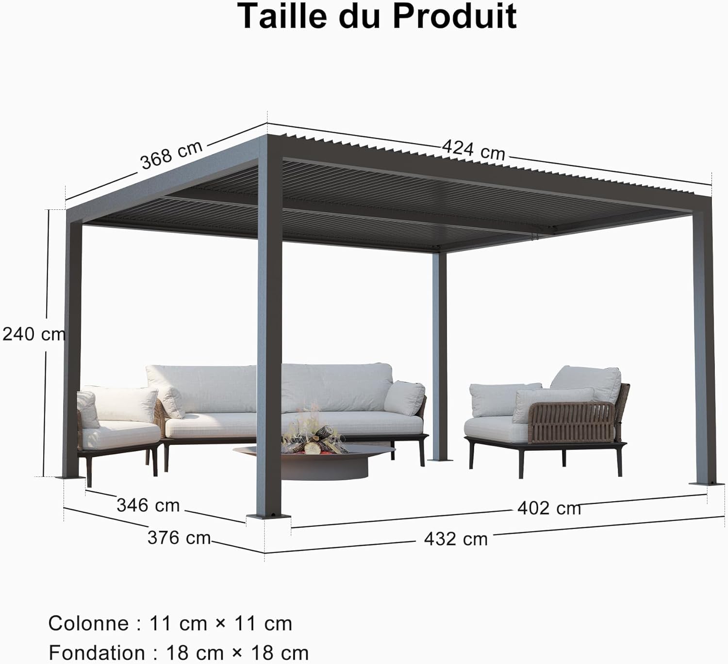 etezen - Pergola bioclimatique aluminium 4,8x3,68m, LED, lames orientables