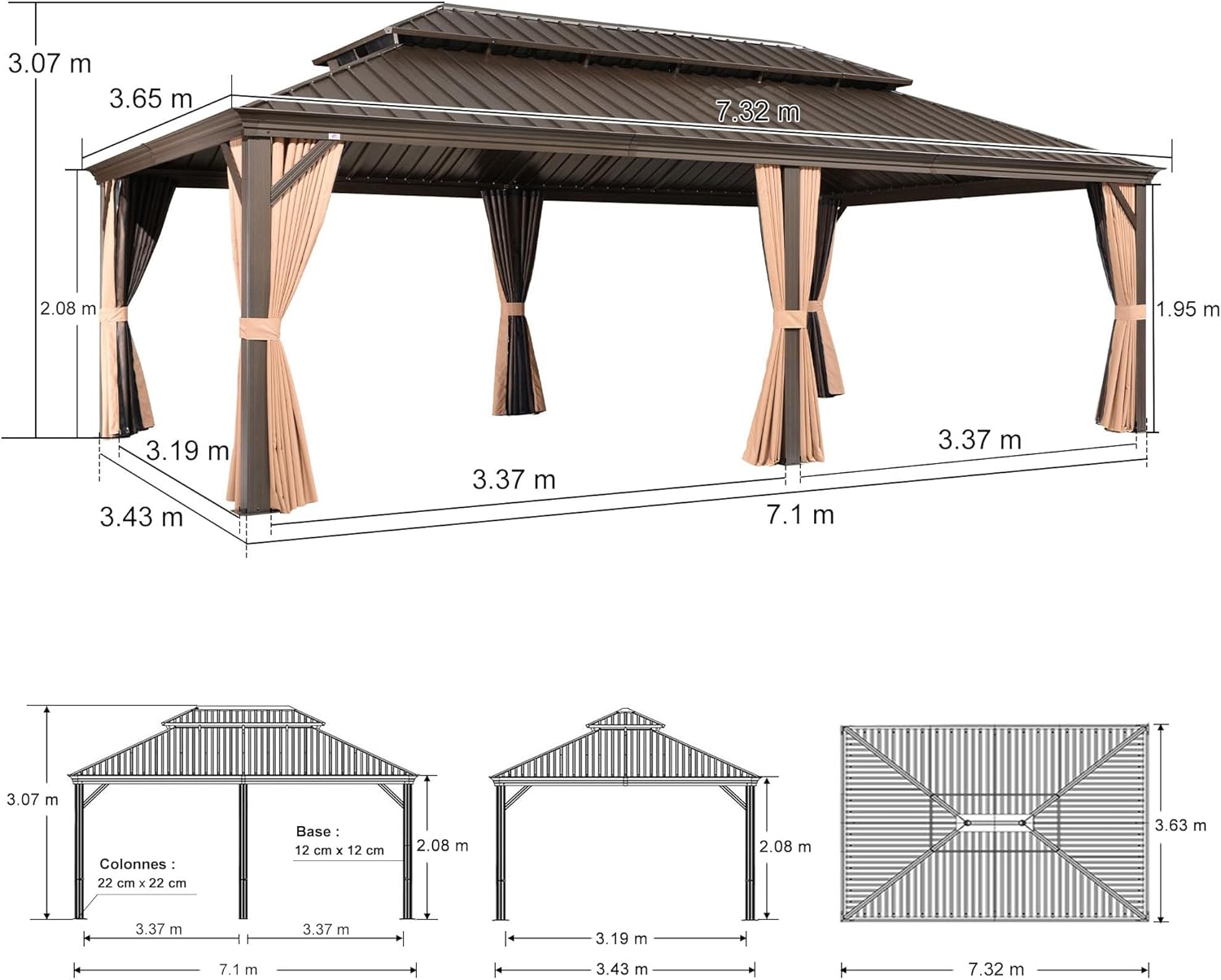 etezen - tonnelle jardin - 7,32x3,65m - acier galvanisé, rideaux épais, gouttière intégrée