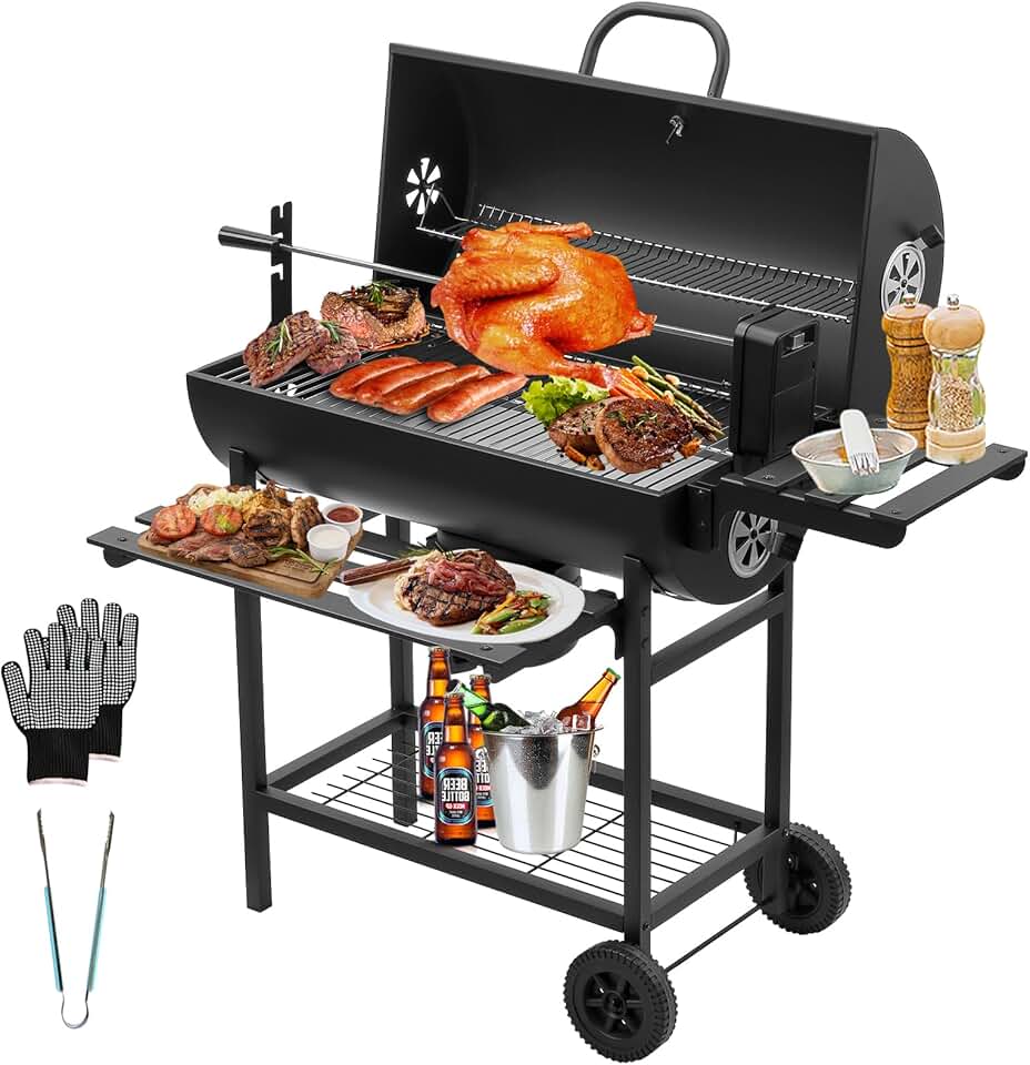 etezen - Grill XXL - dimensions généreuses - couvercle, thermomètre, tiroir à cendres, gants, évent réglable, grill poule