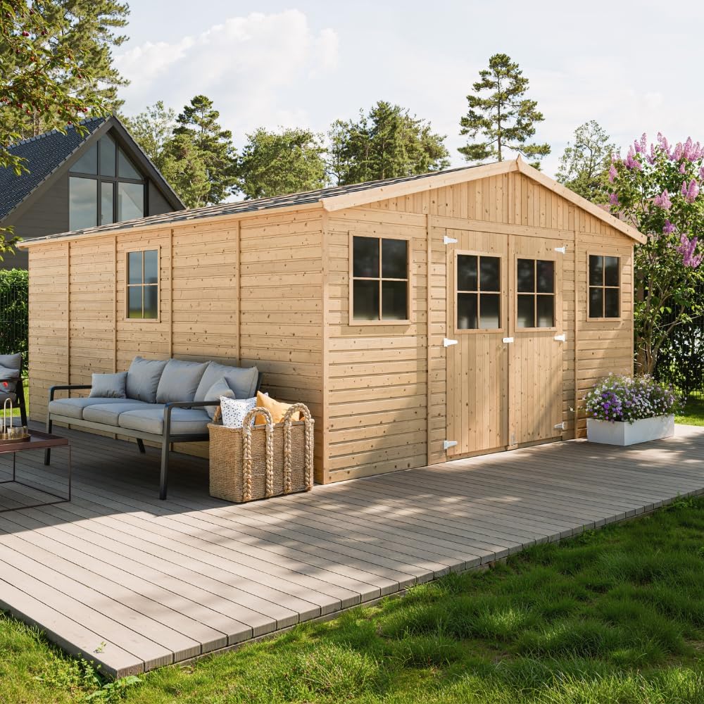 Abri de Jardin en Bois Exterieur avec Les PLANCHERS IMPRÉGNÉ- Maison de Jardin en Pin/épicéa-H246x418x522 cm/20 m²-Construction de Panneaux- Rangement pour vélos, Remise à Outils-etezen M333 +M333G