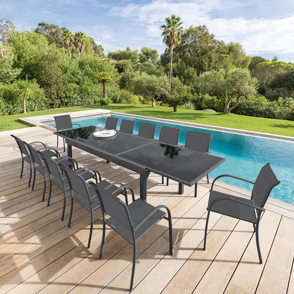 etezen - Piazza extensible - 185/245x100 cm - aluminium verre trempé 10 places