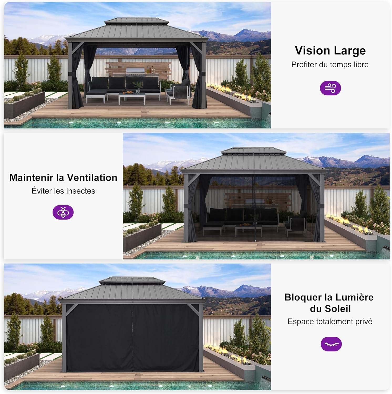 etezen - Tonnelle de Jardin 3x4,25m - aluminium double toit, imperméable, moustiquaire, rideaux