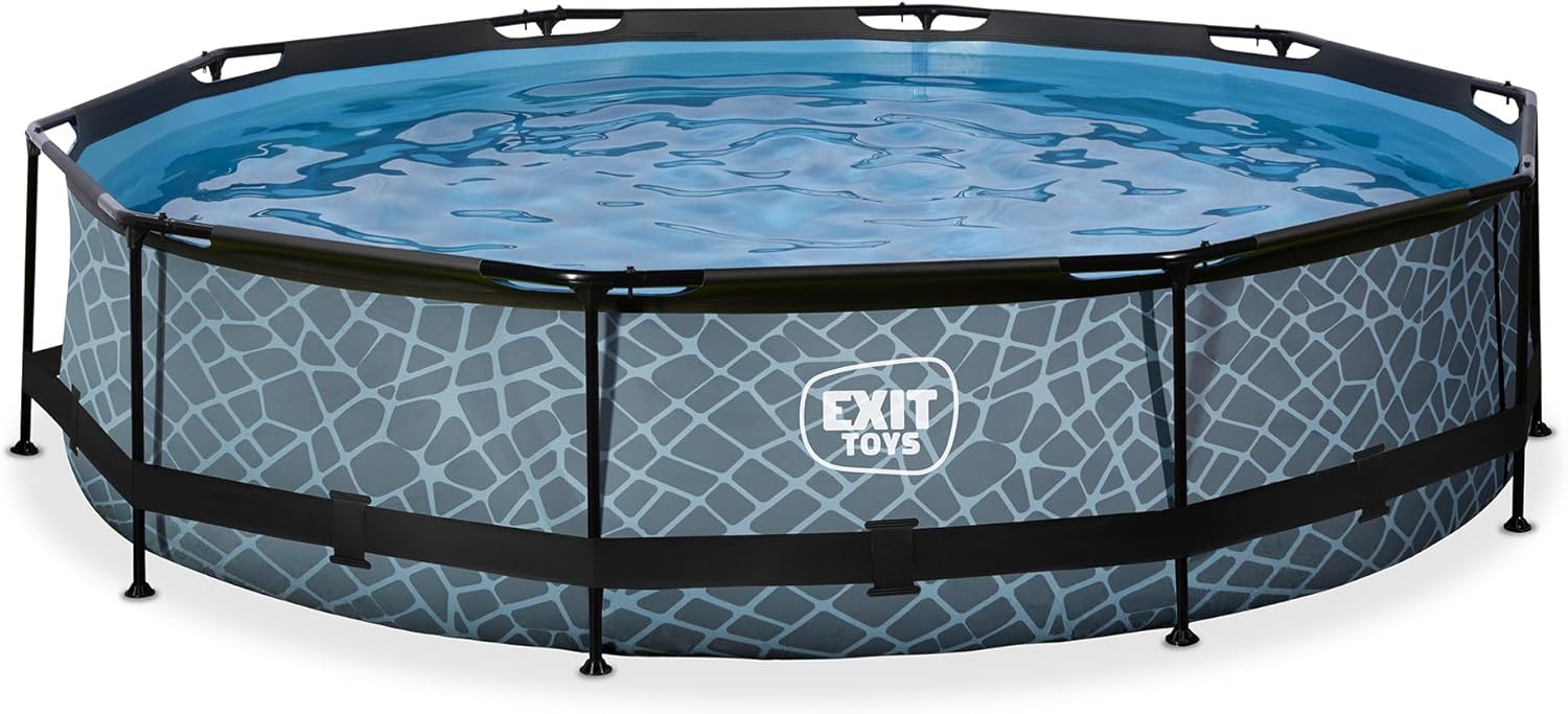 etezen Piscine Tubulaire Stone - ø360x76cm - Piscine Hors Sol Ronde Grande avec Pompe Filtrante à Cartouche - Entrée Basse - Idéal pour Les Jeunes Enfants - Cadre Stable - Design Unique - Gris