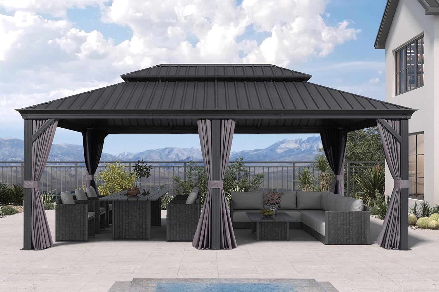 etezen - Pergola Série Extérieur - 6x4m - Toit acier, moustiquaire, rideaux, gouttière