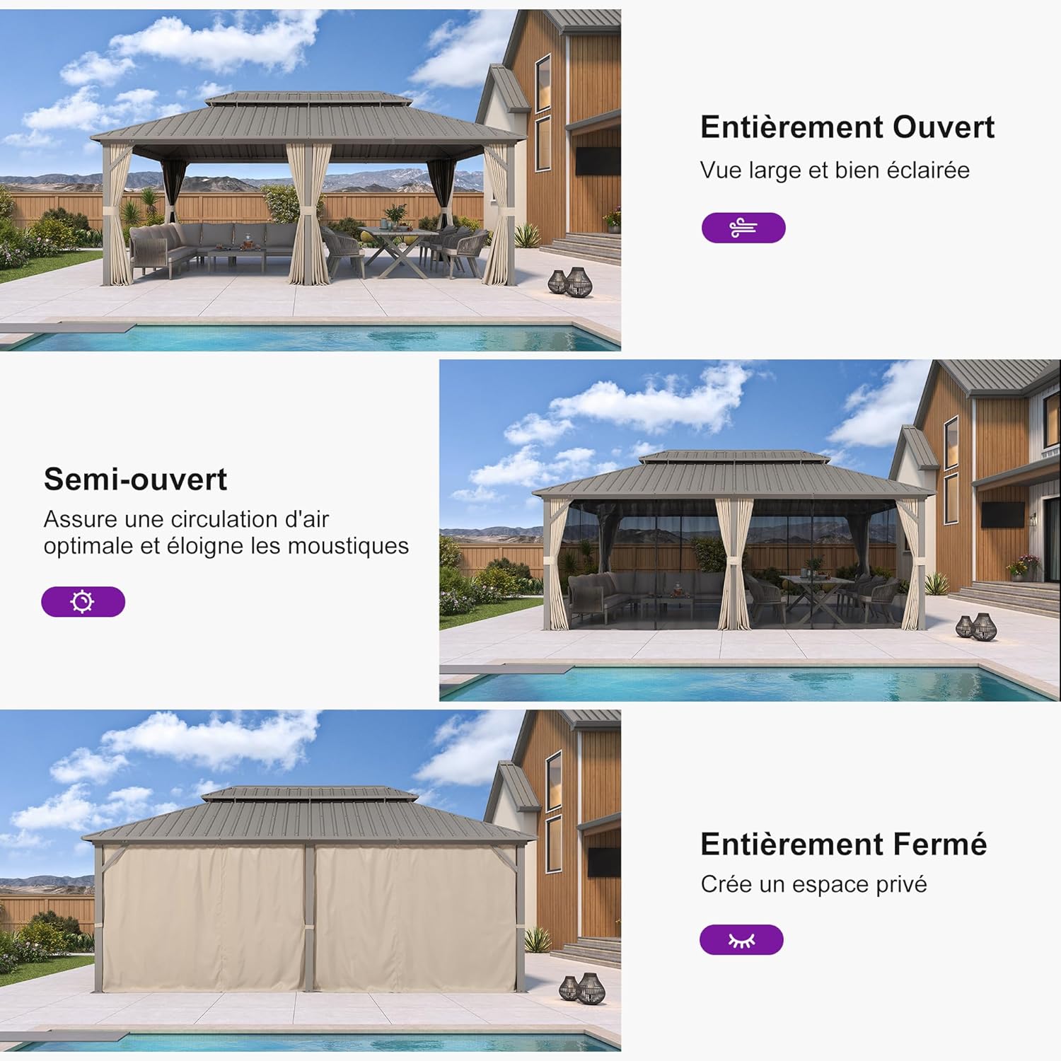 etezen - Pergola série Champagne - 6 x 3,65 m - aluminium, toit acier, moustiquaire et rideaux