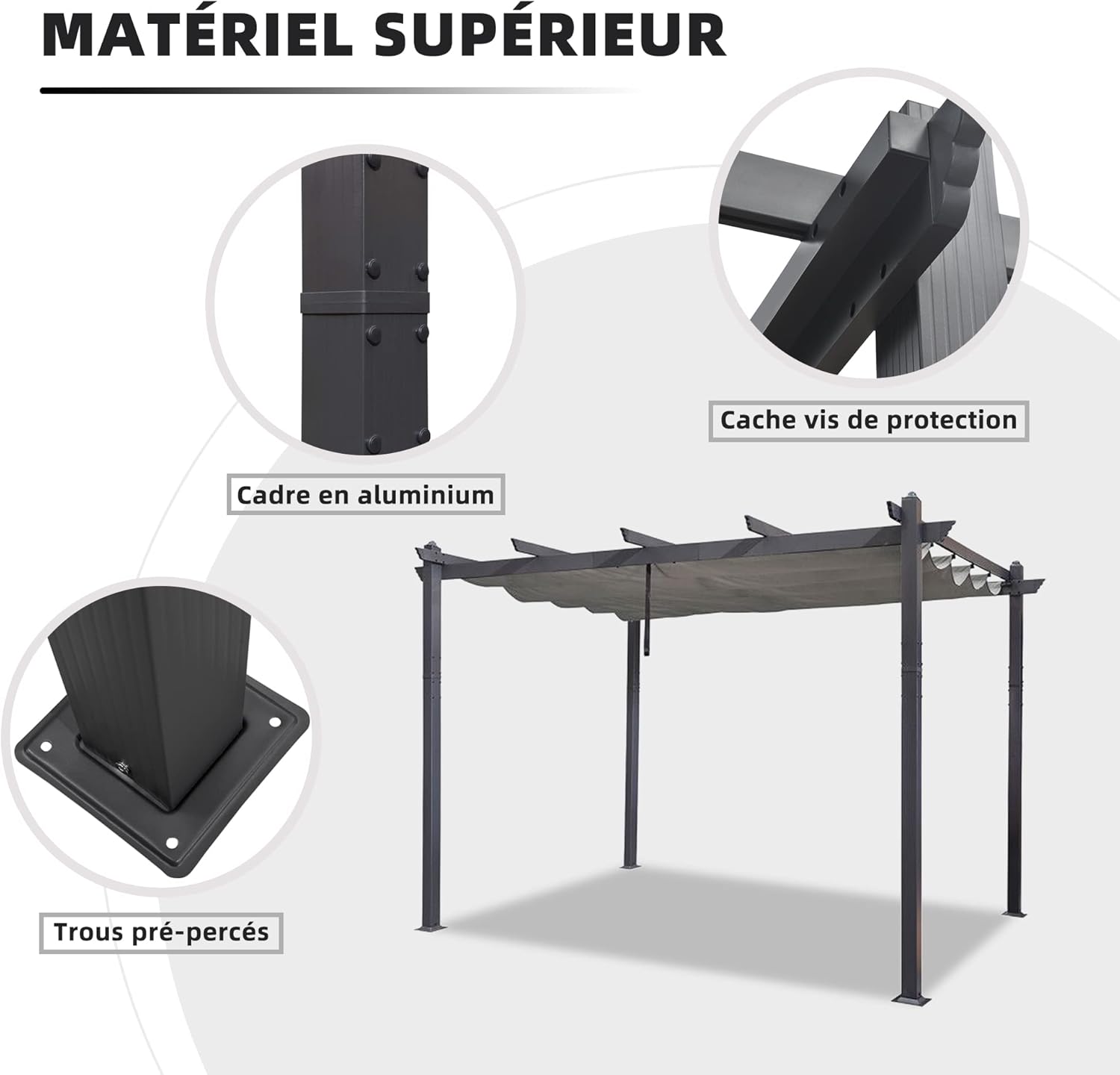 etezen - pergola aluminium - 3,65x3m - toit rétractable LED, tissu gris