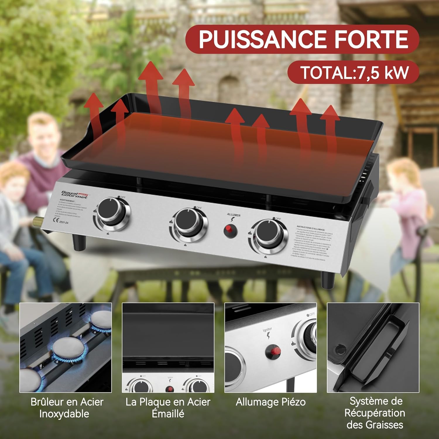 etezen - Plancha sur chariot 62x35,5cm - 3 brûleurs puissants 7,5kW