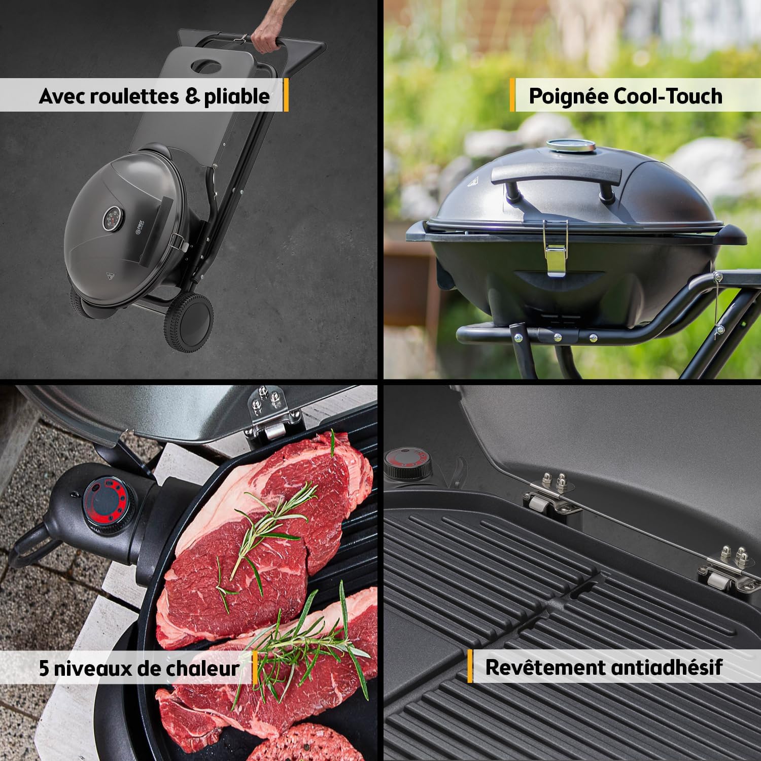 etezen - Barbecue 2-en-1 pliable 2400W, couvercle, chariot, thermomètre - TZSFA5350-6