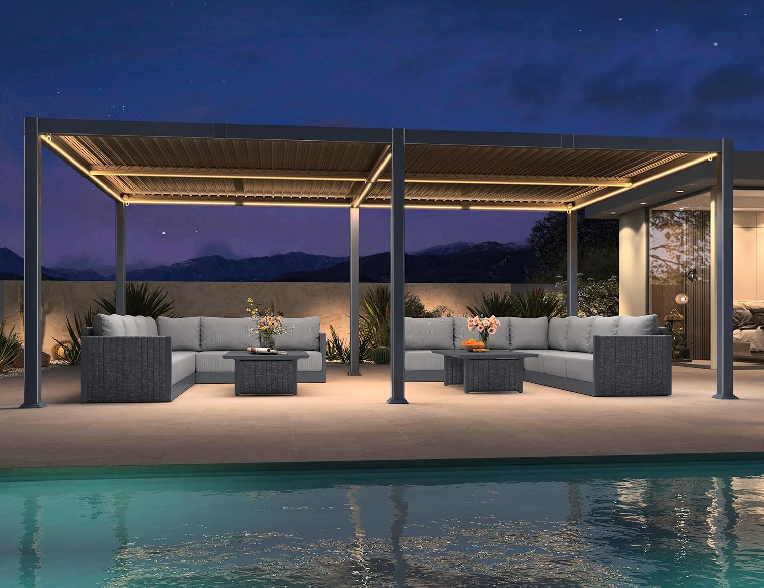 etezen - Pergola bioclimatique - 4x6m - alu lames LED gris