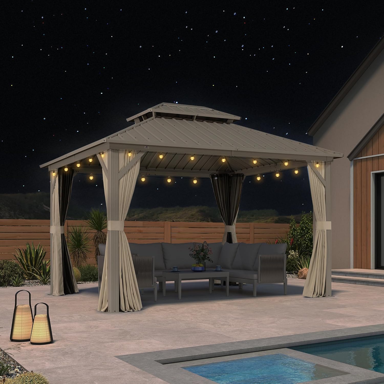 etezen Tonnelle de Jardin Extérieur 3,65 x 3 m avec Éclairage Extérieur, Pergola Aluminium à Toit Rigide en Acier Galvanisé, Pavillon Imperméable pour Camping, Fête, Barbecue, Champagne