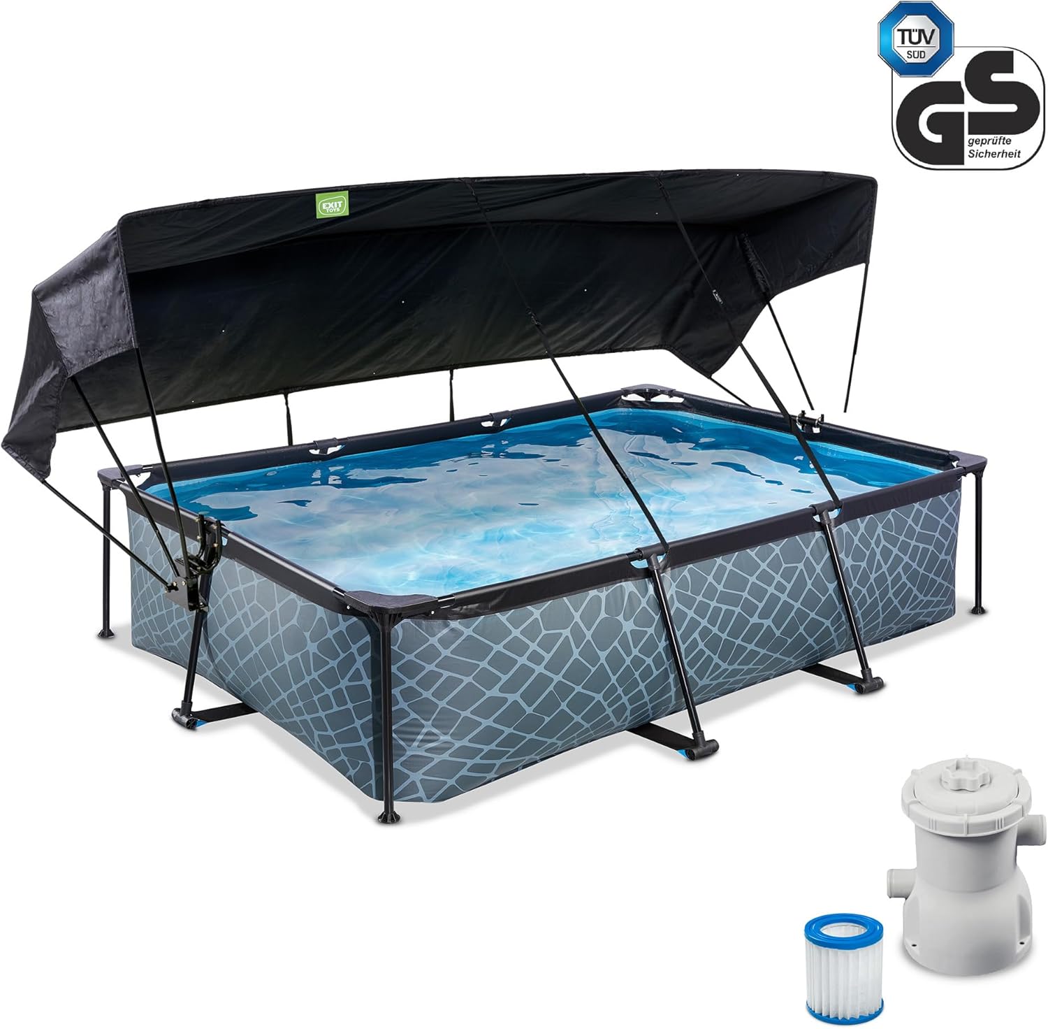 etezen Piscine Stone avec Voile d'Ombrage - 300x200x65cm - Piscine Hors Sol Rectangulaire avec Pompe Filtrante à Cartouche - Protection Optimale Contre Les Rayons UV - Entrée Basse - Gris