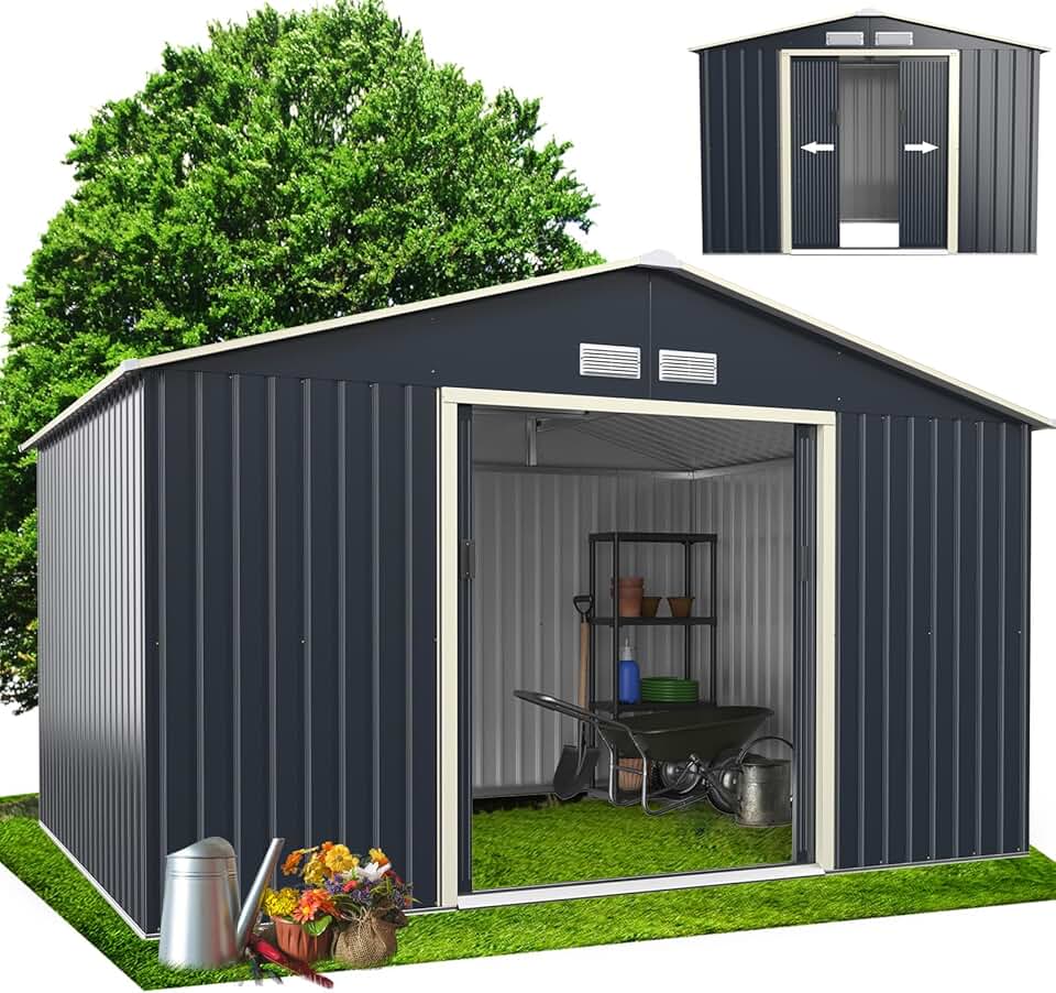 etezen - Abri de jardin métal - 340x255x210cm - porte coulissante, toit pente, extérieur, résistant - KX7177KV+FR