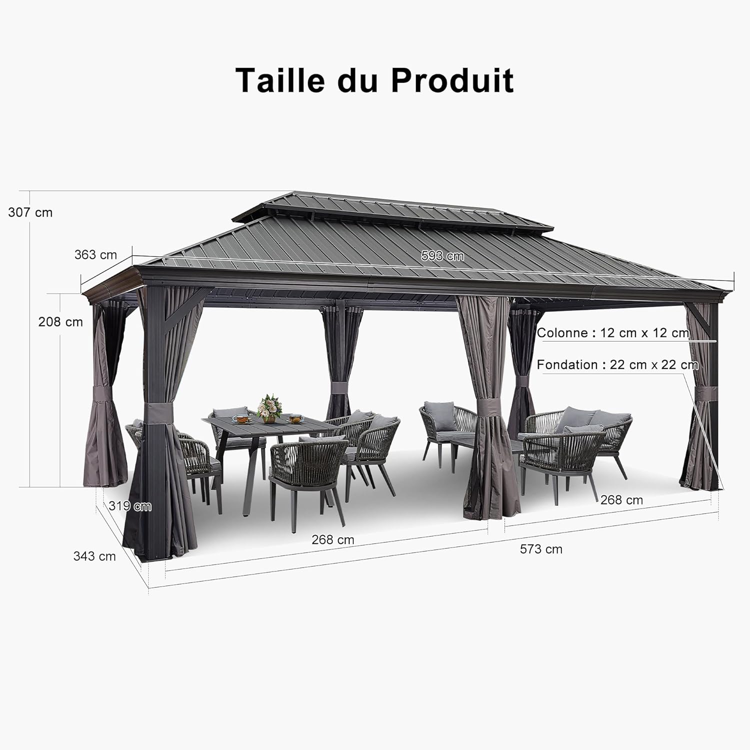etezen - Pergola double toit acier - 6x3,65m - moustiquaire, rideaux, gouttière, poteaux renforcés