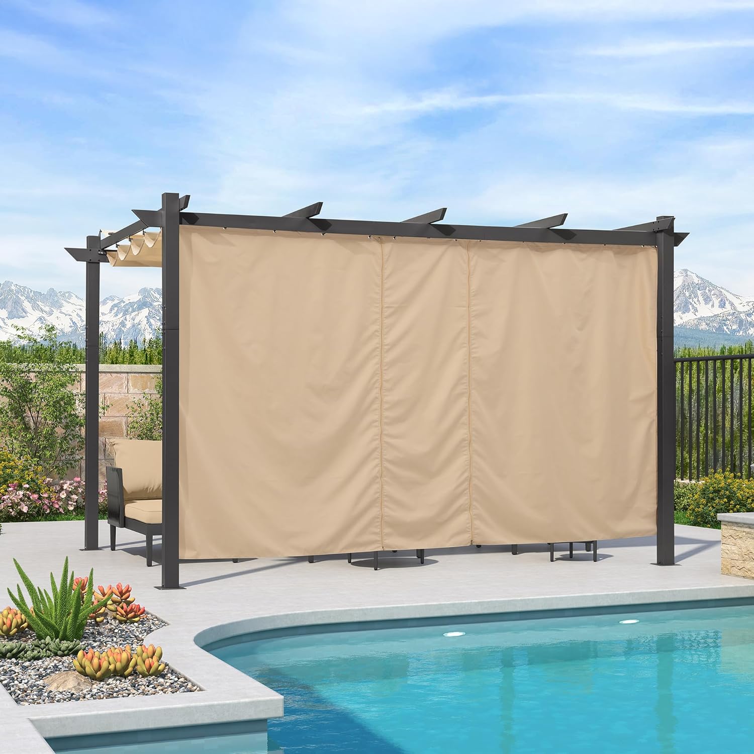 etezen - pergola aluminium - 4x3m - rideau, toit rétractable, kaki