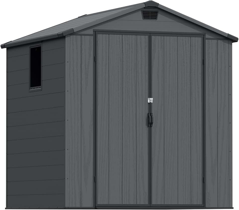 etezen Abri de jardin extérieur en plastique avec double portes verrouillables et toit en apex – Abri de jardin pour outils de terrasse, abri pour vélo, poubelle – Résistant aux intempéries et à la
