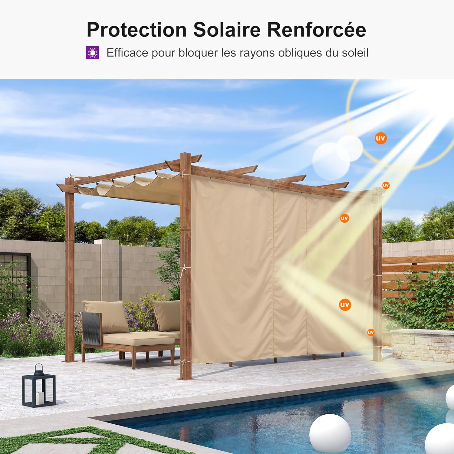 etezen - Pergola alu finition teck 4x3m - toile rétractable, rideau, kaki