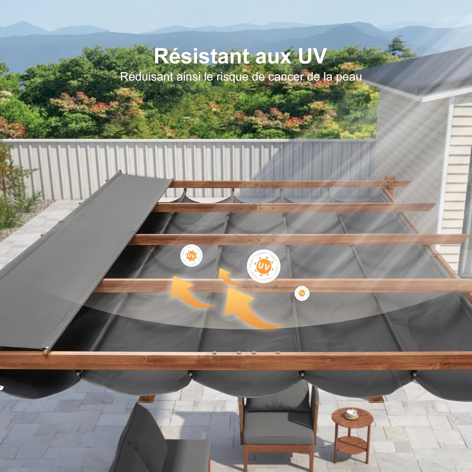 etezen - Pergola aluminium - 4x3m - toile rétractable, teck, imperméable