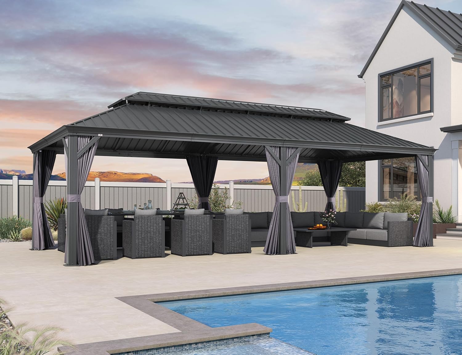 etezen - tonnelle extérieure - 8,5x4,25m - toit acier, rideaux, moustiquaire