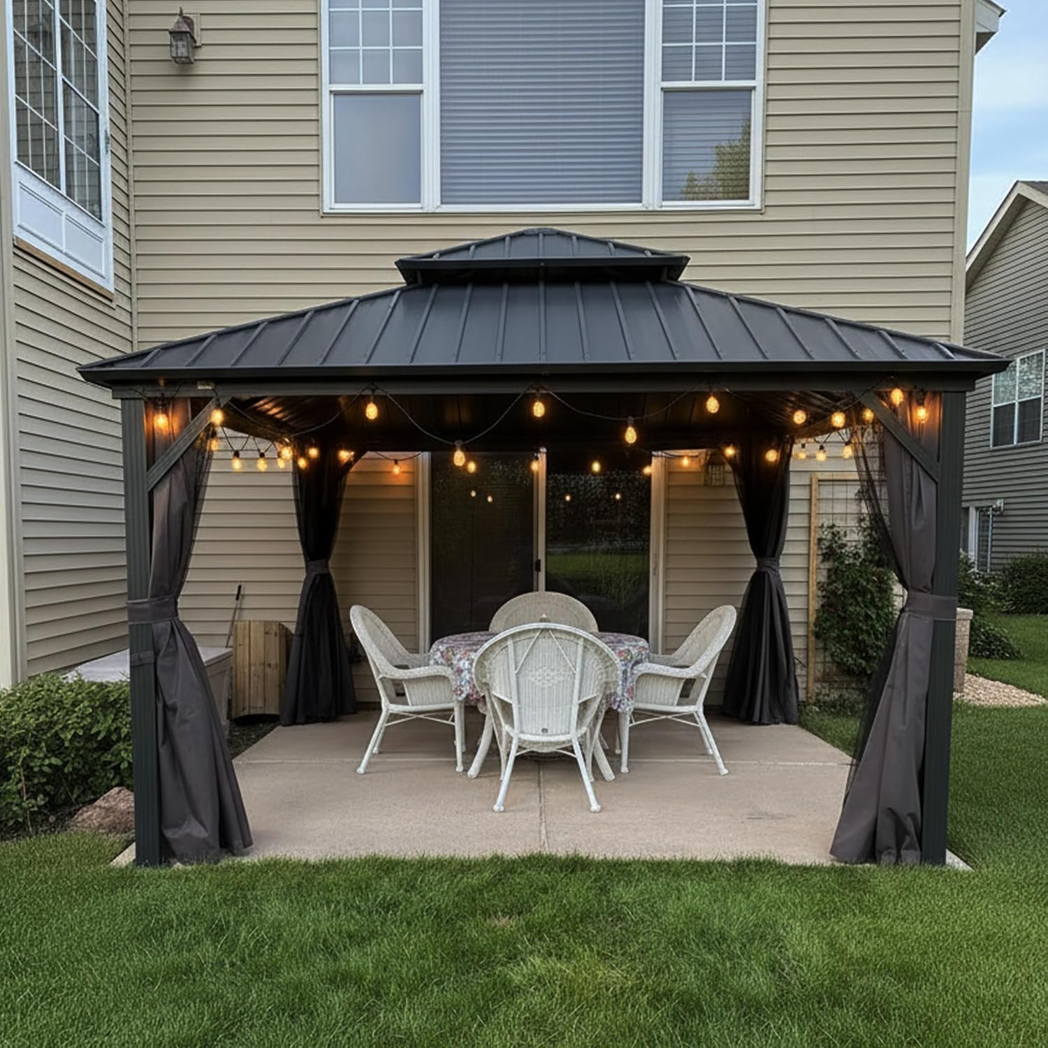 etezen Tonnelle de Jardin Extérieur 3,65 x 3,65 m avec Guirlande Lumineuse, Pavillon Aluminium à Double Toit en Acier Galvanisé, Pergola Jardin Extérieur avec Rideaux pour Fête, Barbecue, Gris