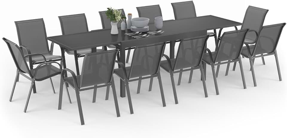 etezen - Madrid série - table 135-270 cm et 12 chaises empilables - gris anthracite