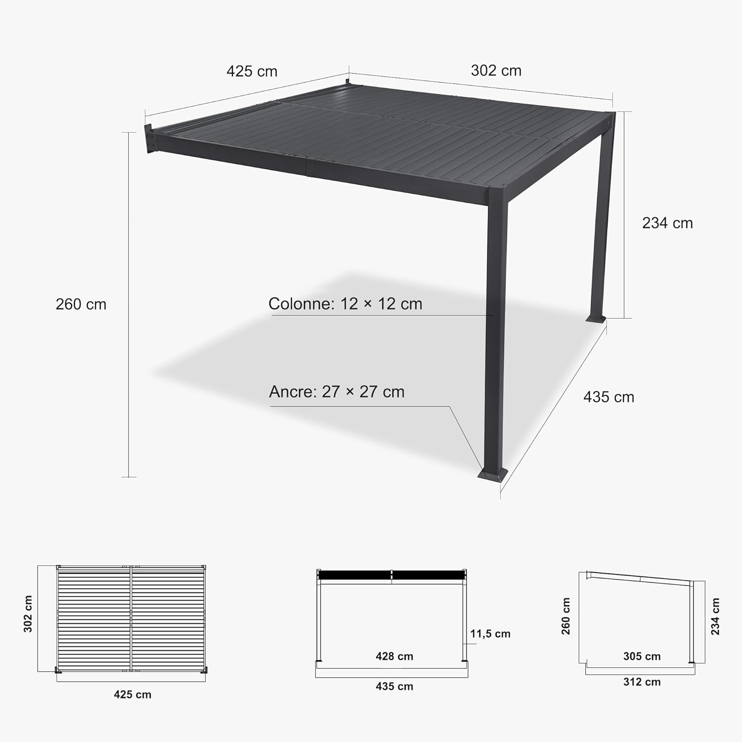 etezen - Pergola bioclimatique adossée - 3x4,25m - aluminium, lames orientables, résistante UV et pluie