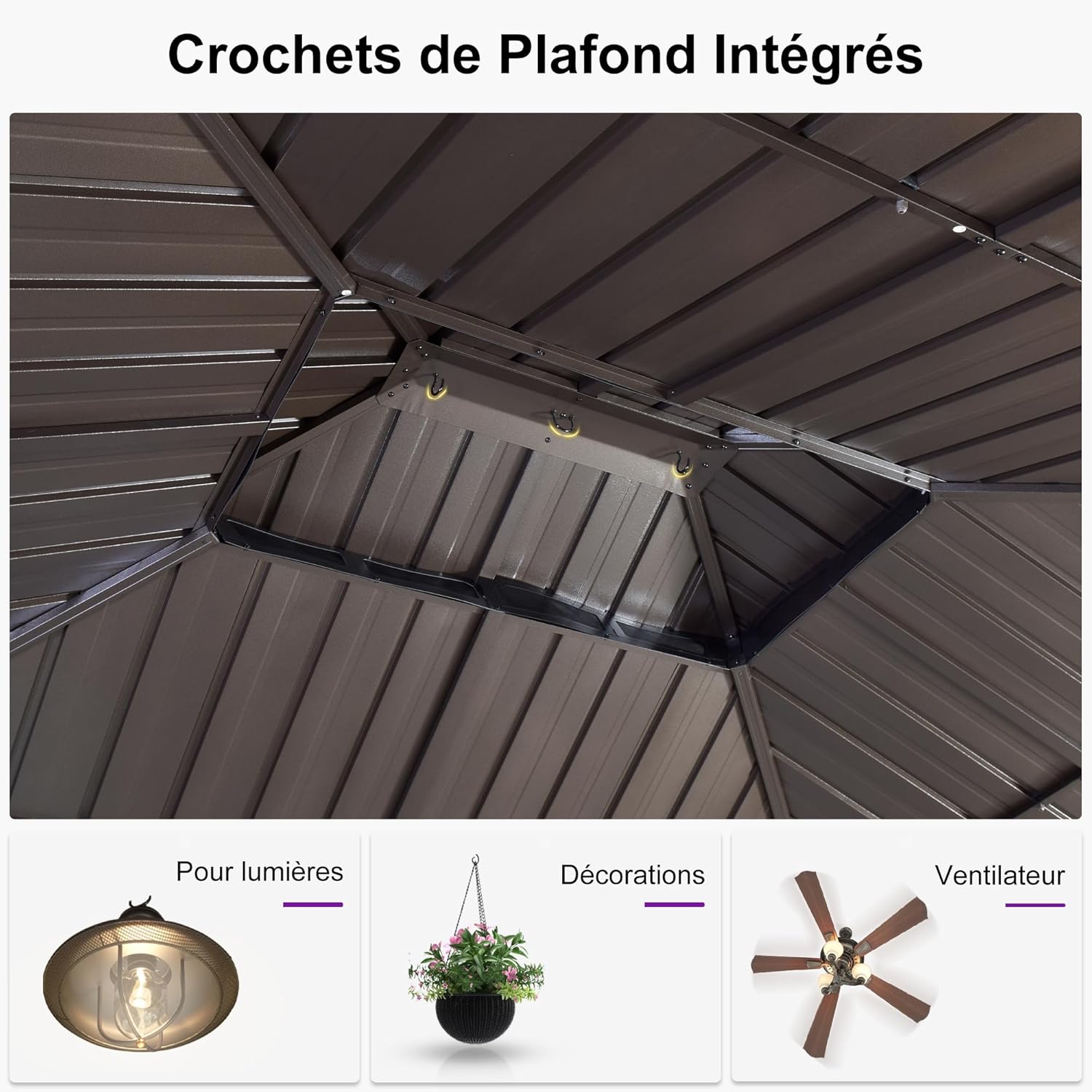etezen - pergola double toit rigide 6x3,65m, aluminium, guirlande, rideaux