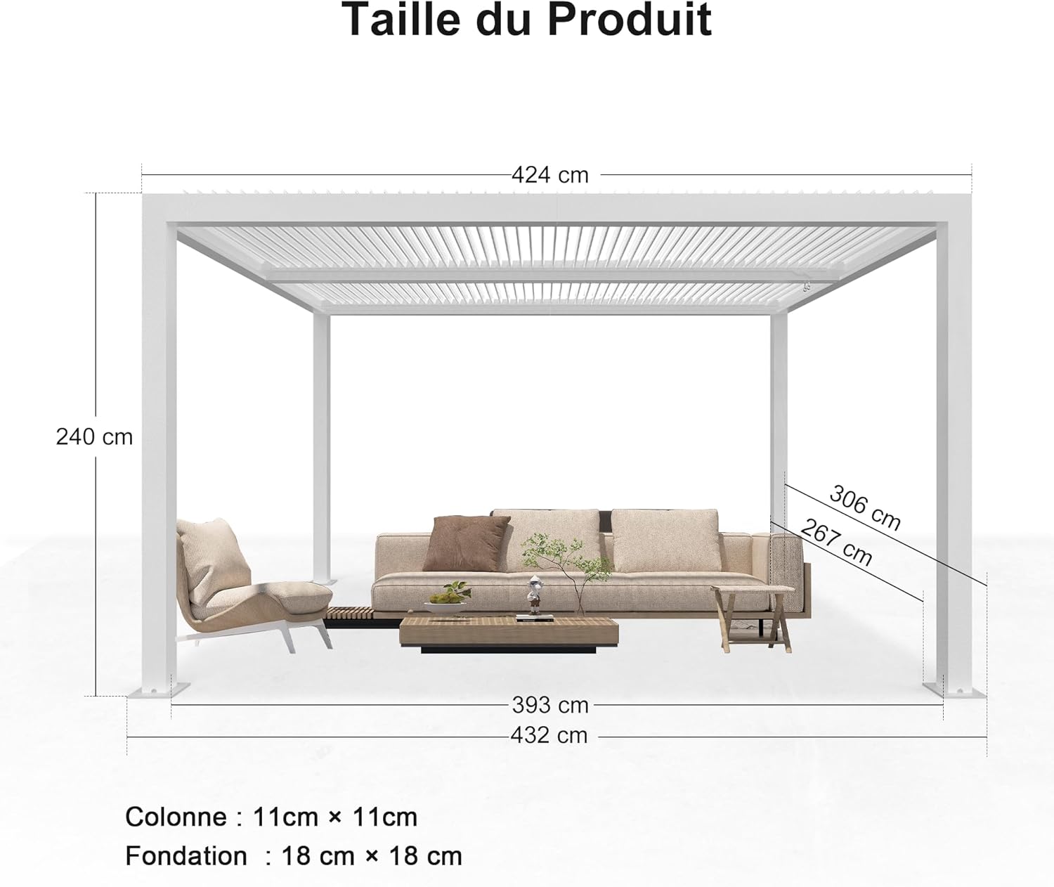 etezen - Pergola Bioclimatique - 4,24x3m - Aluminium, lames orientables, blanc