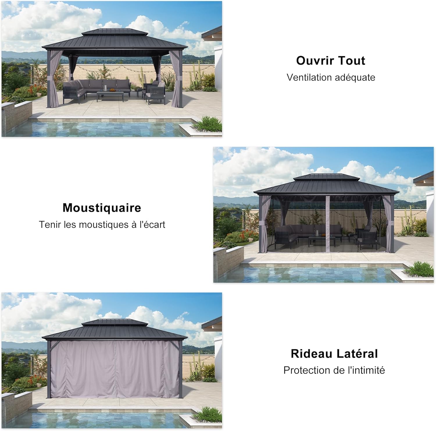 etezen - pergola série double toit - 4,85x3,65 m - alu acier, rideaux, moustiquaire