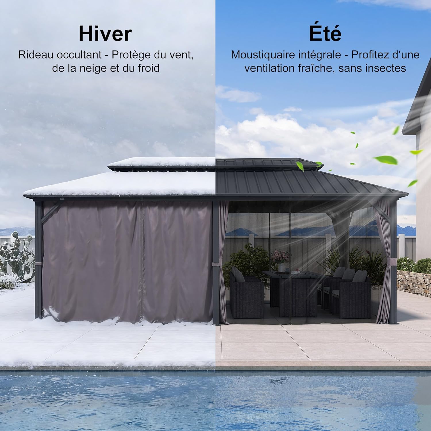 etezen - pergola double toit 6x3m, alu & acier, rideaux & moustiquaire
