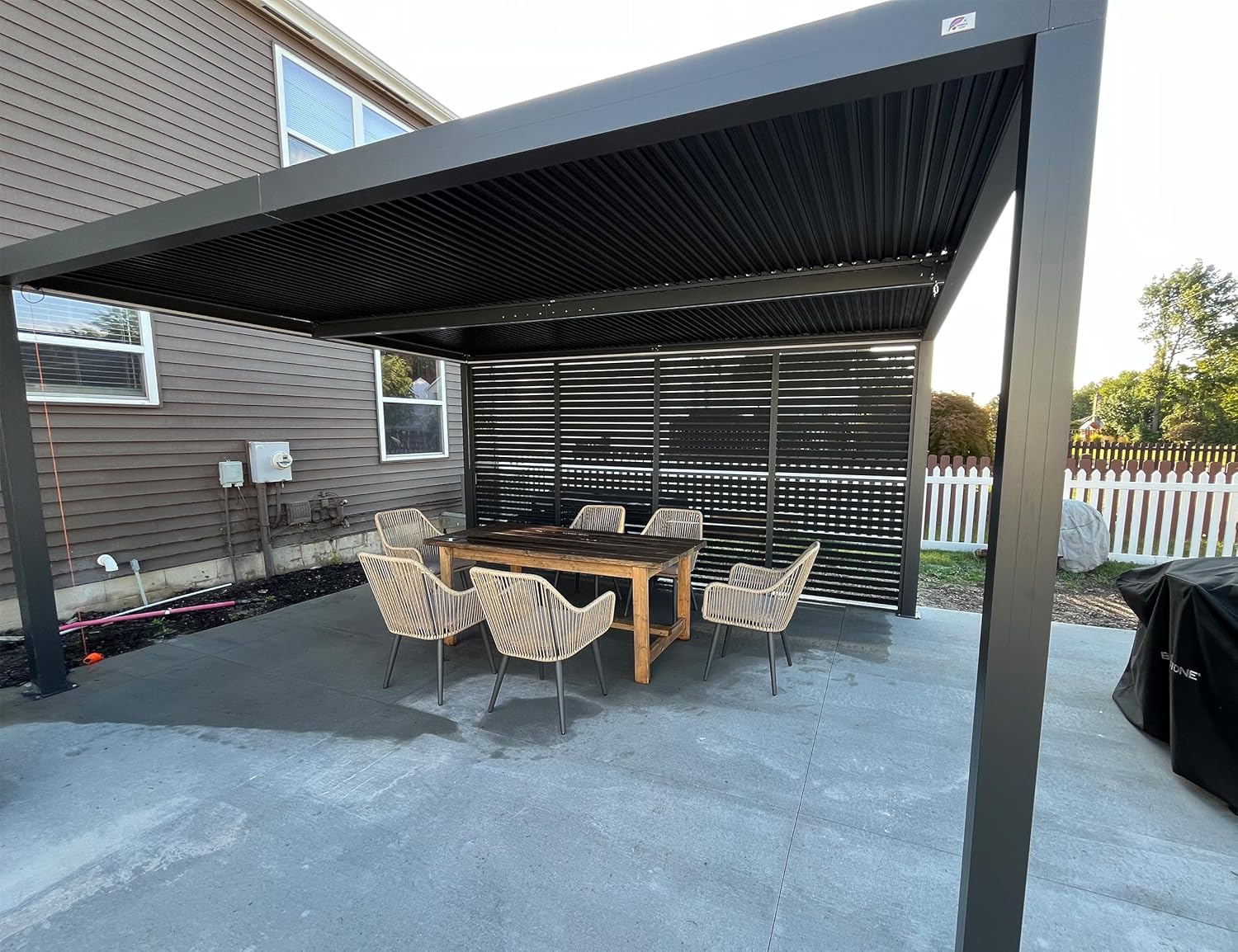 etezen - Pergola aluminium bioclimatique 4,8x3m, lames orientables, persiennes fixes, gris