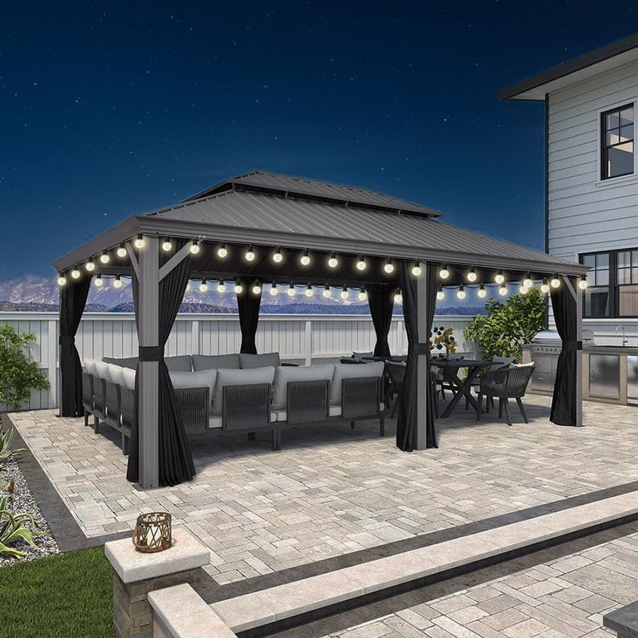 etezen - pergola double toit - 4,25x6m - alu, rideaux, moustiquaire, guirlande